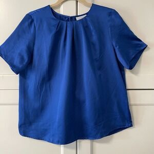 The Tog Shop Petites Royal Blue Pleated Neck Satin Blouse Short Sleeve 12P